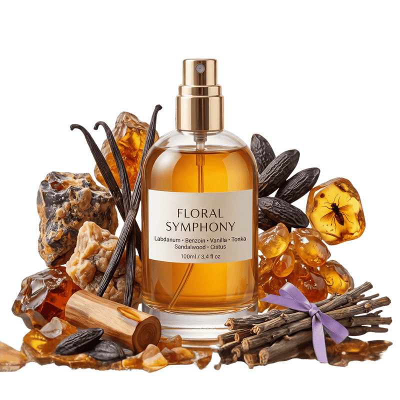 A 100ml spray bottle of 'Floral Symphony' perfume by Santalwood & Cellot, filled with amber-colored liquid and surrounded by its scent ingredients including vanilla beans, sandalwood, amber, and dried flowers on a white background.