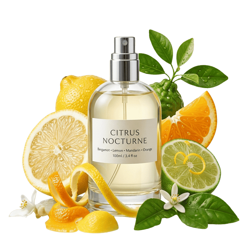 A clear glass perfume bottle labeled CITRUS NOCTURNE, surrounded by citrus fruits, green leaves, and small white flowers on a white background.